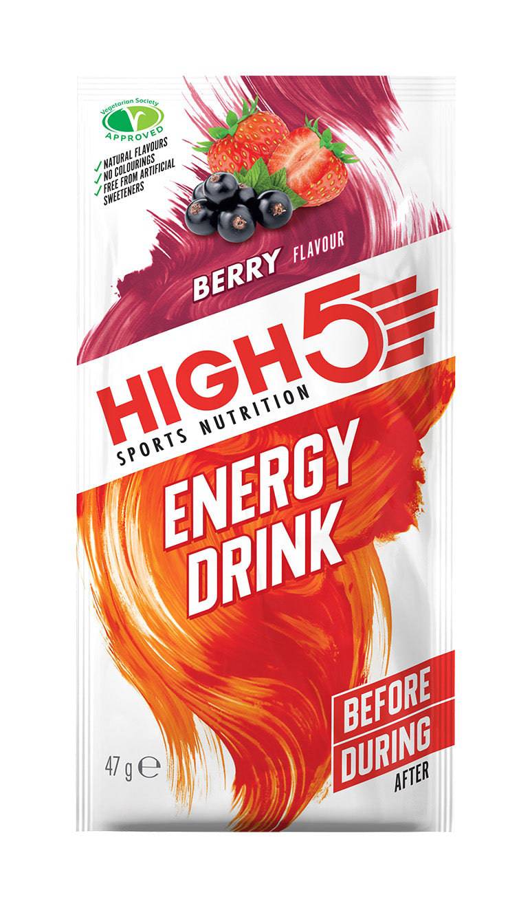 High5 Energy Drink Berry sachets, endurance fuel with electrolytes, showing front view of colorful sachets for hydration and energy.