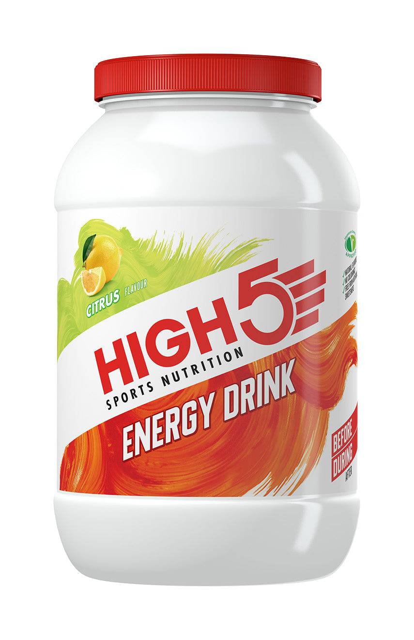 High5 Energy Drink tub with citrus flavor, 2.2kg, endurance carb and electrolyte sports drink supplement, front view.