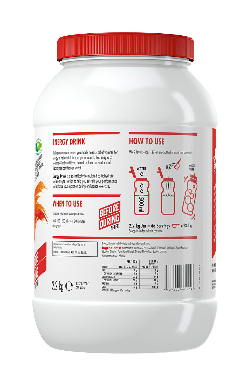 High5 Tropical Energy Drink Tub 2.2kg with endurance carb and electrolyte formula, showing the product label and scoop on the back.