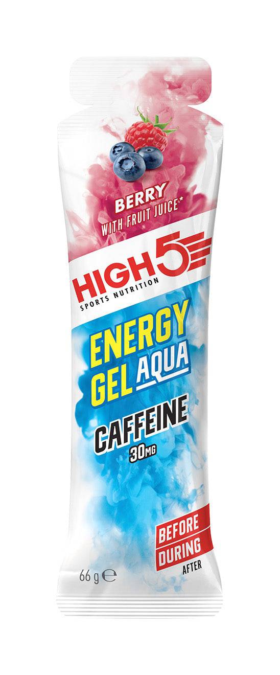 High5 Energy Gel Aqua Caffeine 66g with berry flavor, refreshing hydrating sports fuel and 30mg caffeine in a convenient pouch.