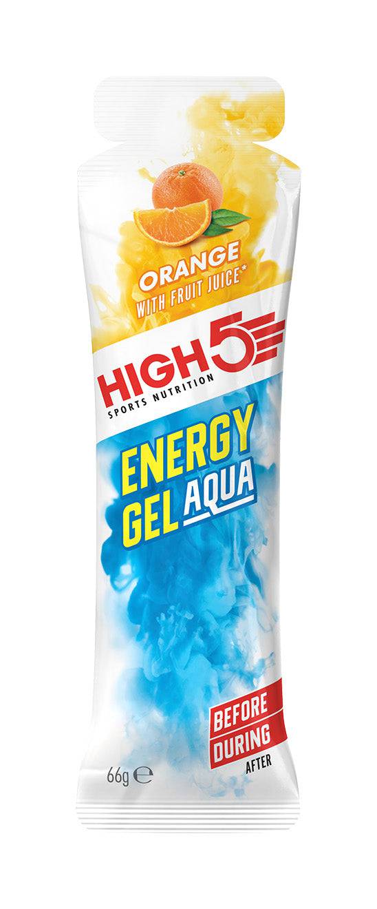 High5 Aqua Hydrating Energy Gel with orange flavor, caffeine-free, 66g sachet, designed for athletic hydration and energy.