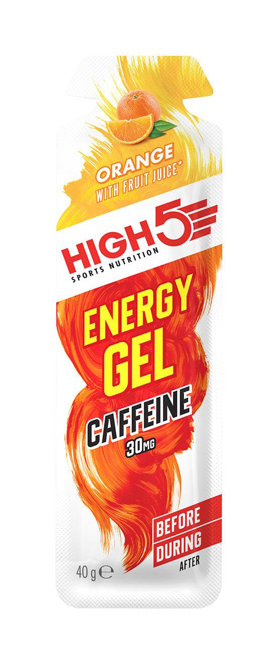 High5 energy gel with caffeine and carbs, orange flavor, 23g carbs, endurance fuel, 40g pouch for sports performance.