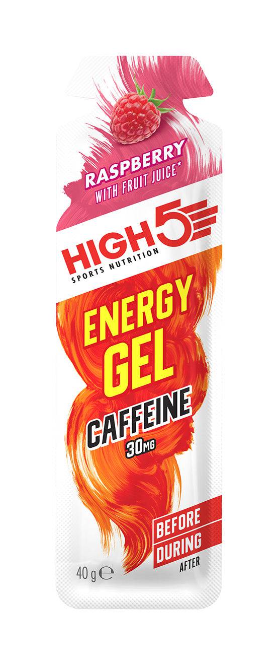 High5 Energy Gel with 30mg caffeine, raspberry flavor, 23g carbs, endurance fuel, 40g packet, designed for sports and performance.