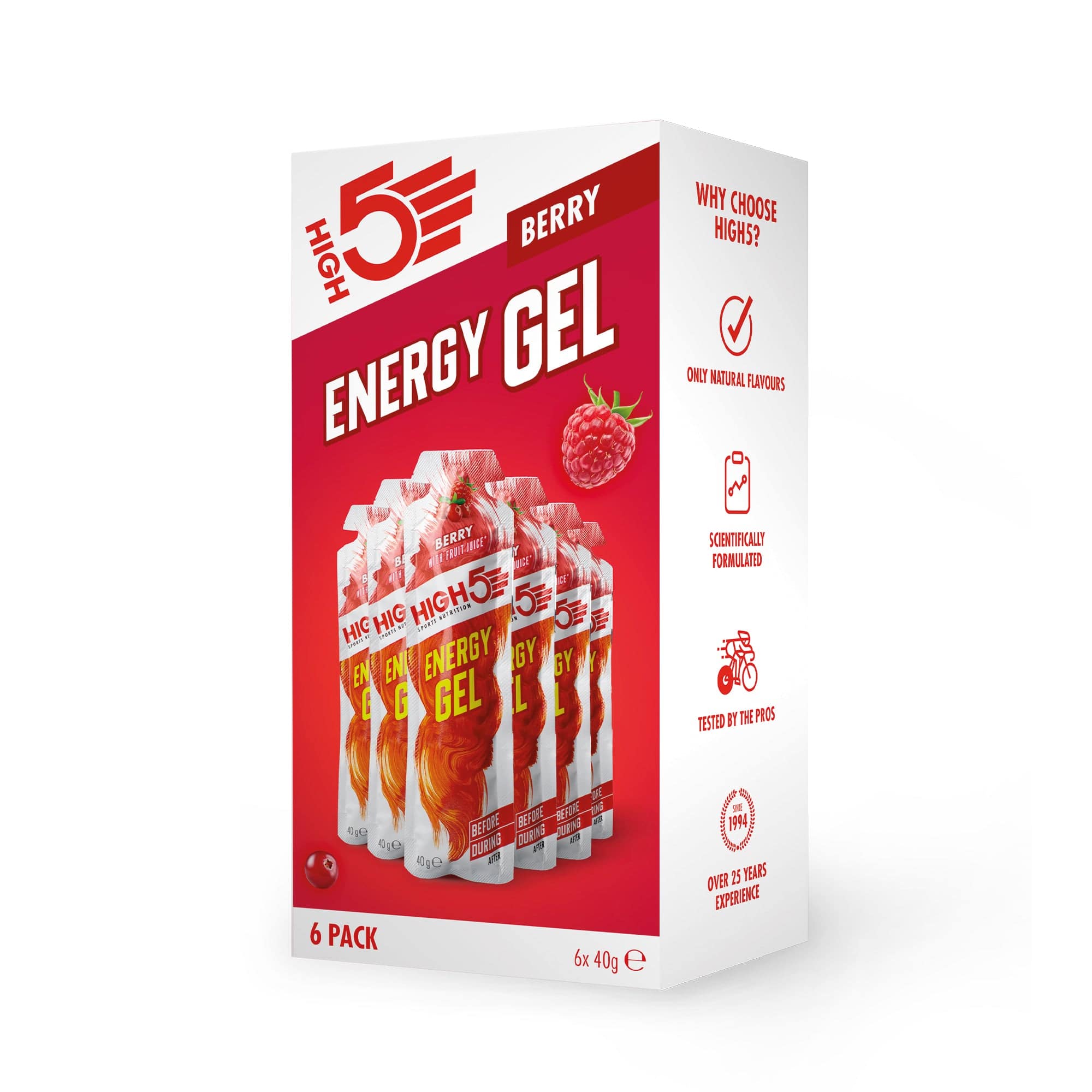 High5 Berry energy gel pack, 240g, quick-release carbohydrate supplement for endurance athletes, front view of the accessories.
