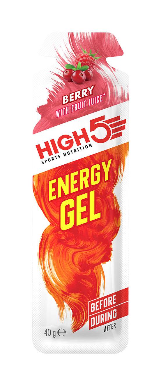 High5 Berry Energy Gel sachet for endurance sports, front view showing the 40g package with branding and flavor details.
