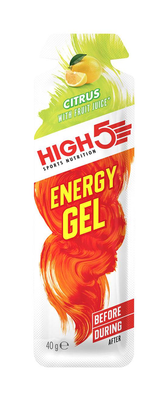 High5 Citrus Energy Gel sachet, fast carbohydrate fuel for endurance sports, 40g, with vibrant citrus flavor and easy-to-open packaging.