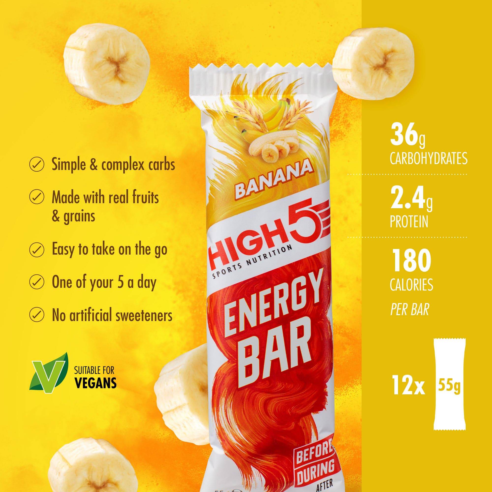High5 energy bar pack with 12 banana-flavored fruit and grain endurance snacks, ideal for natural energy boost.