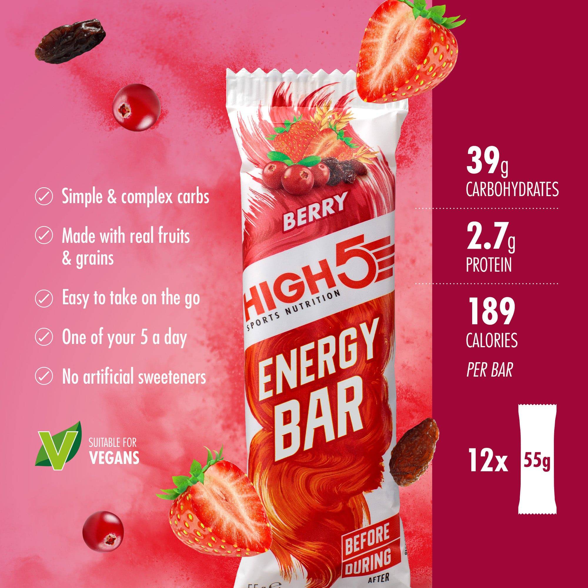 High5 energy bar pack with 12 berry-flavored fruit and grain endurance snacks for active lifestyles.