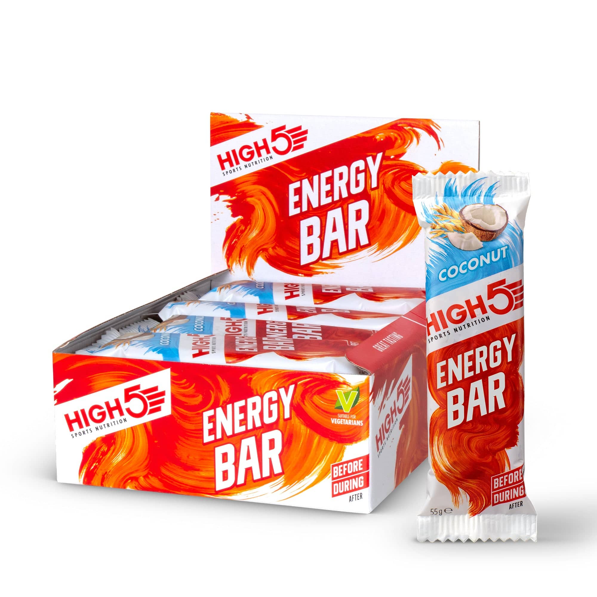High5 energy bar pack featuring 12 coconut-flavored fruit and grain endurance snacks in 55g bars.
