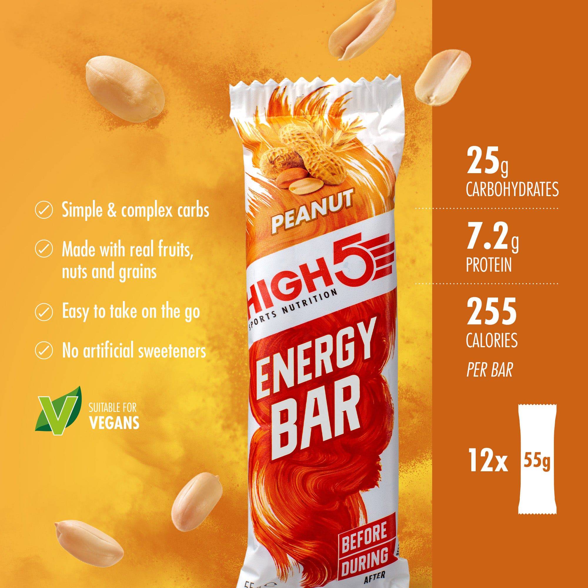 High5 energy bar pack with 12 natural fruit and grain endurance snacks, featuring peanut flavor in a convenient packaging.