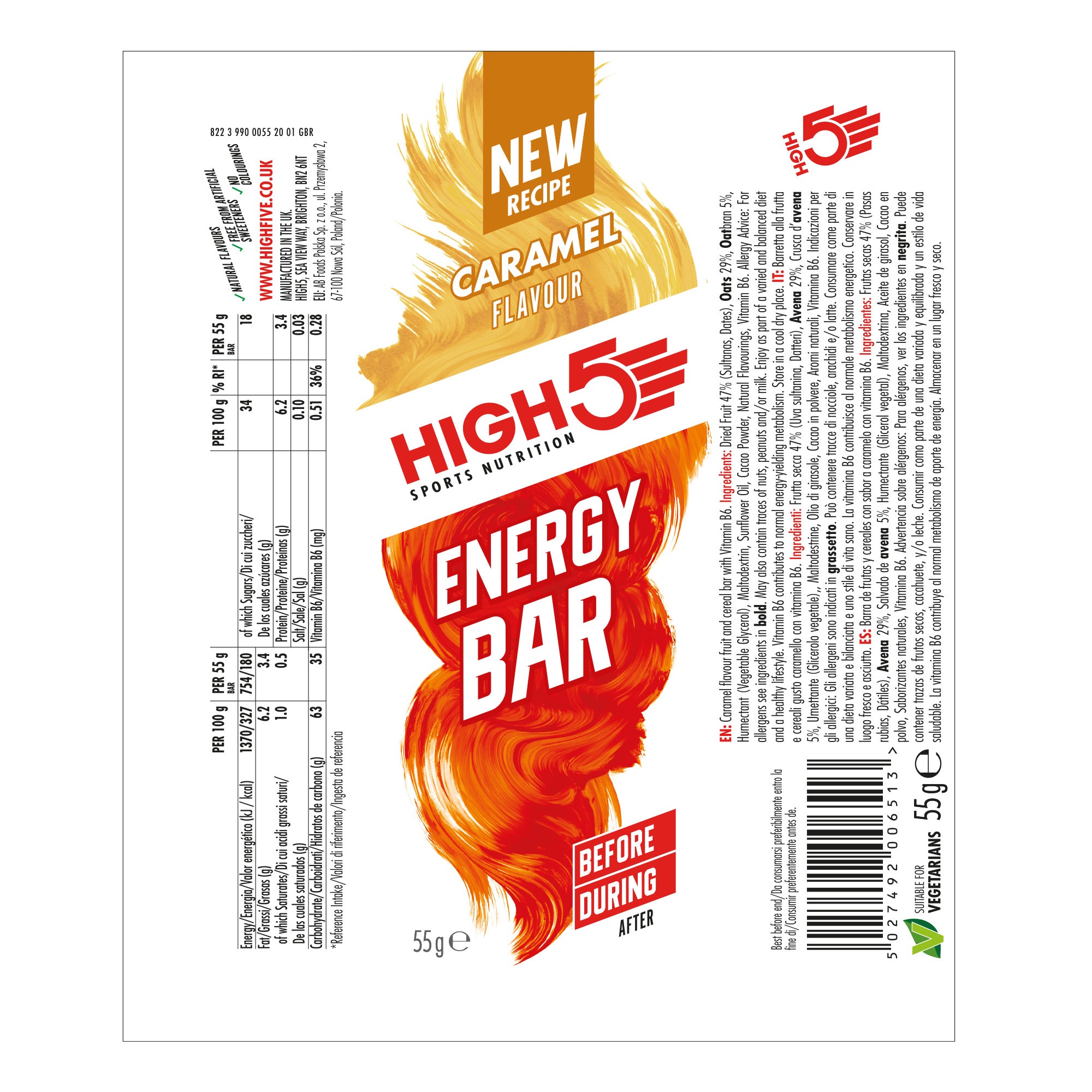 High5 energy bar pack featuring 12 caramel-flavored fruit and grain endurance snacks in 55g bars.