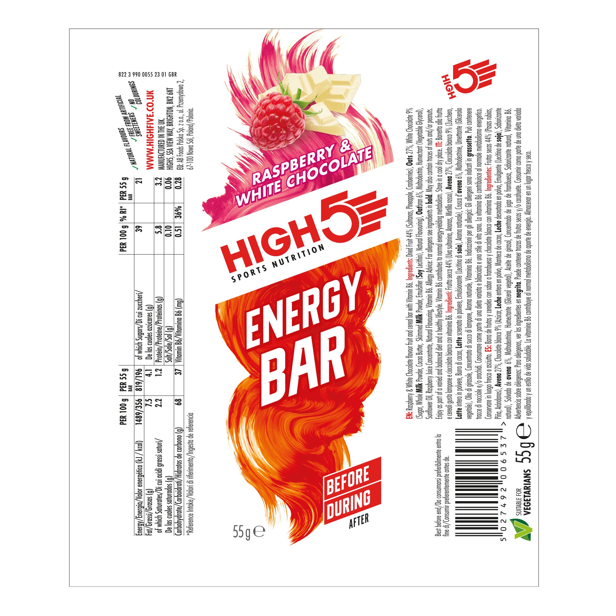 High5 raspberry and white chocolate energy bar, 55g, natural fruit and grain endurance snack, pack of 12, with colorful label.