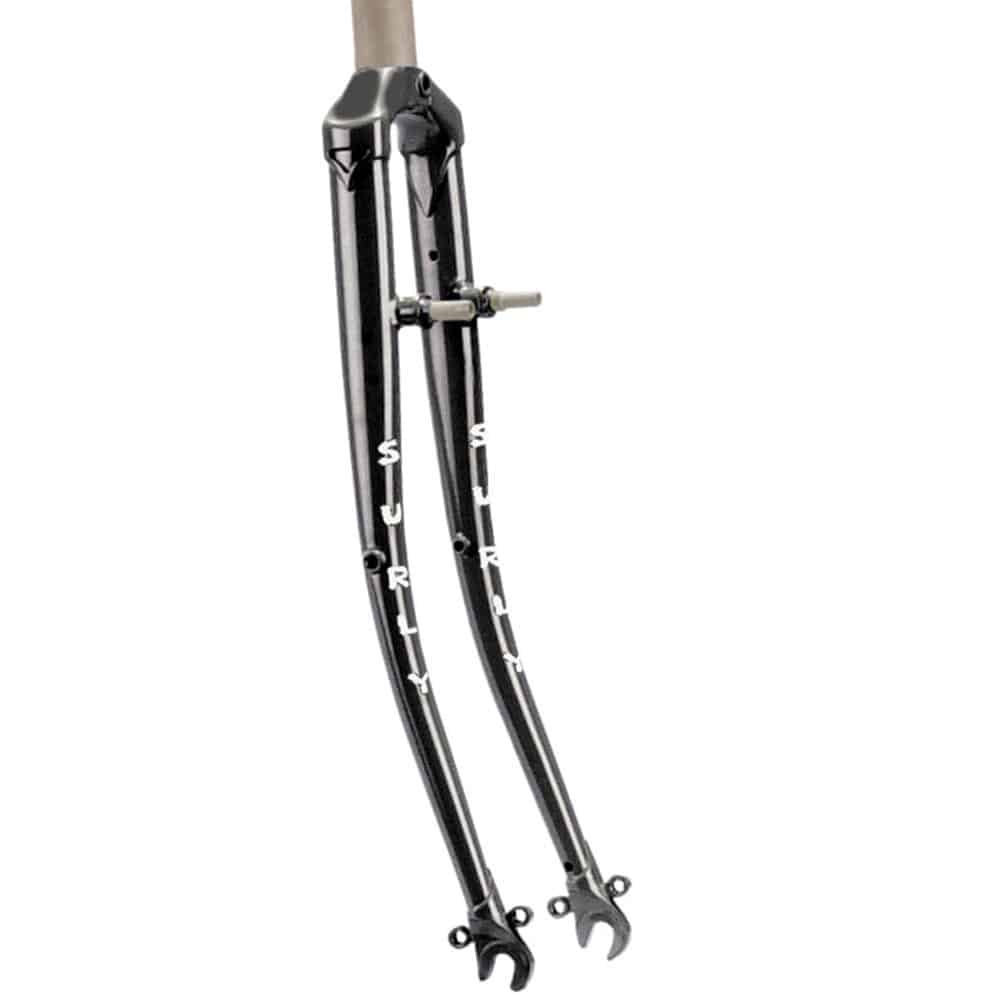 Surly Long Haul Trucker fork with rack and fender mounts for touring bikes, showing steel construction and mounting points.