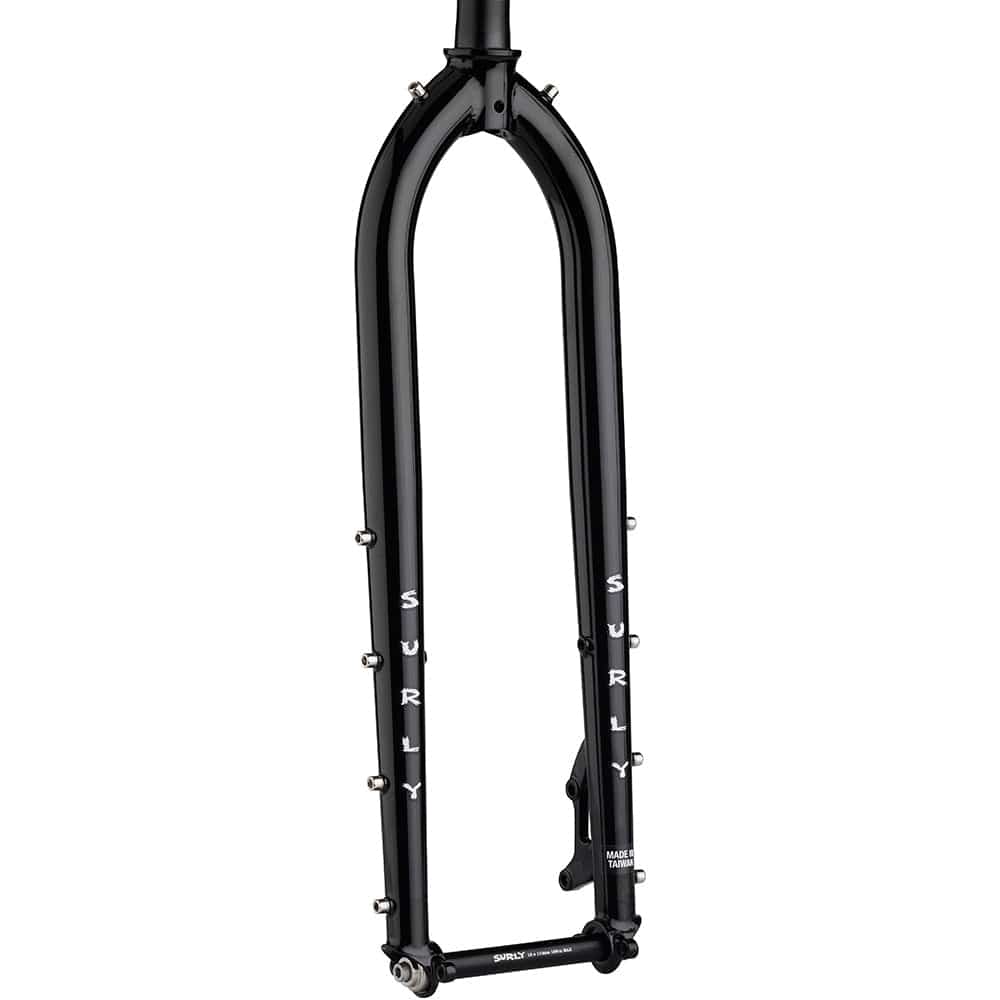 Surly Dinner Fork 29 in chromoly steel with rack and mudguard mounts, compatible with 27.5” and 29” wheels, bike component.
