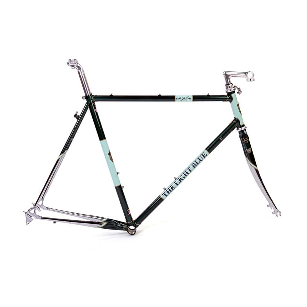 Light Blue St John Road frameset for classic and touring cycling, featuring 700x29c tire compatibility and durable component design.