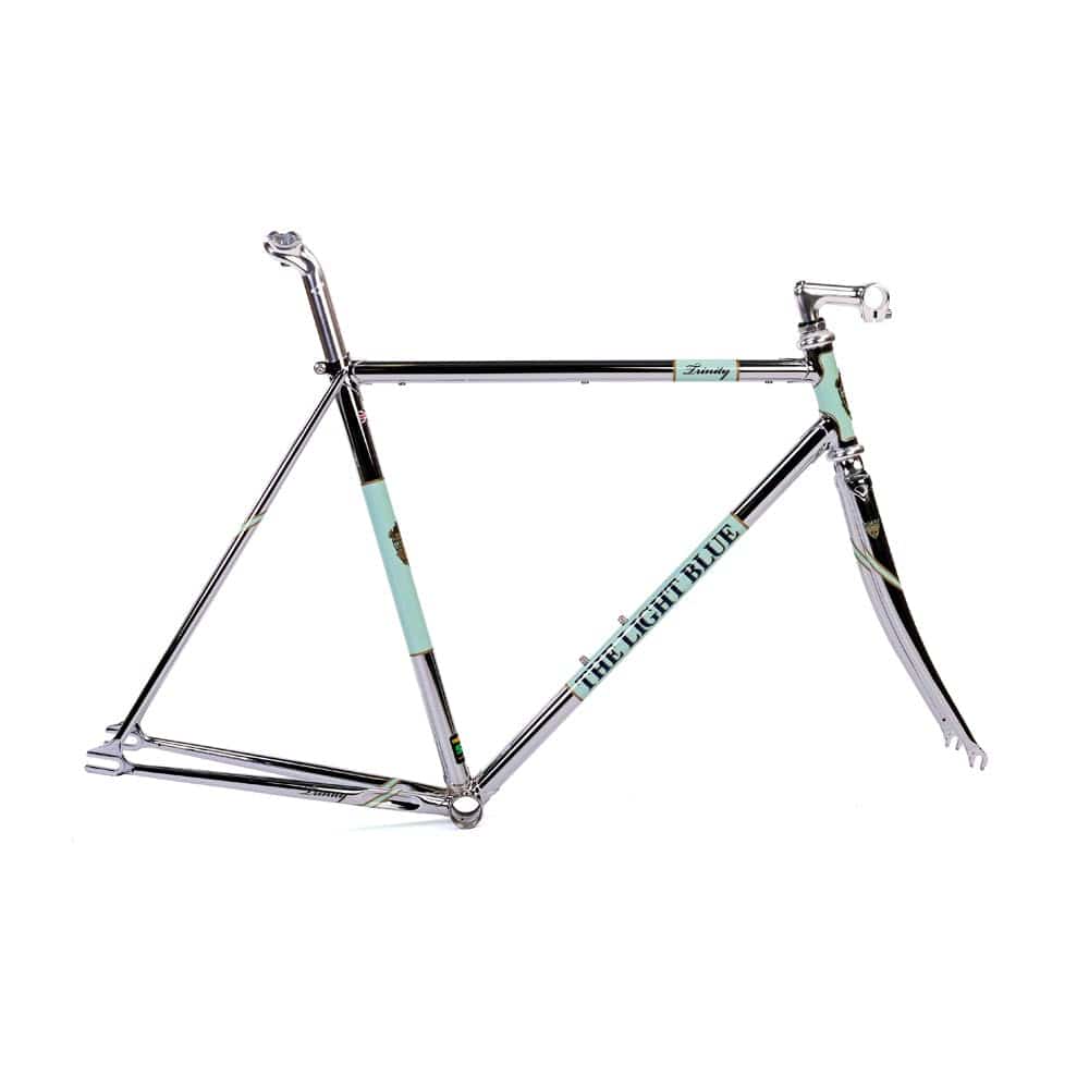 Light Blue Sport Trinity track frameset in light blue, Reynolds 531 steel with a classic design for cycling components.