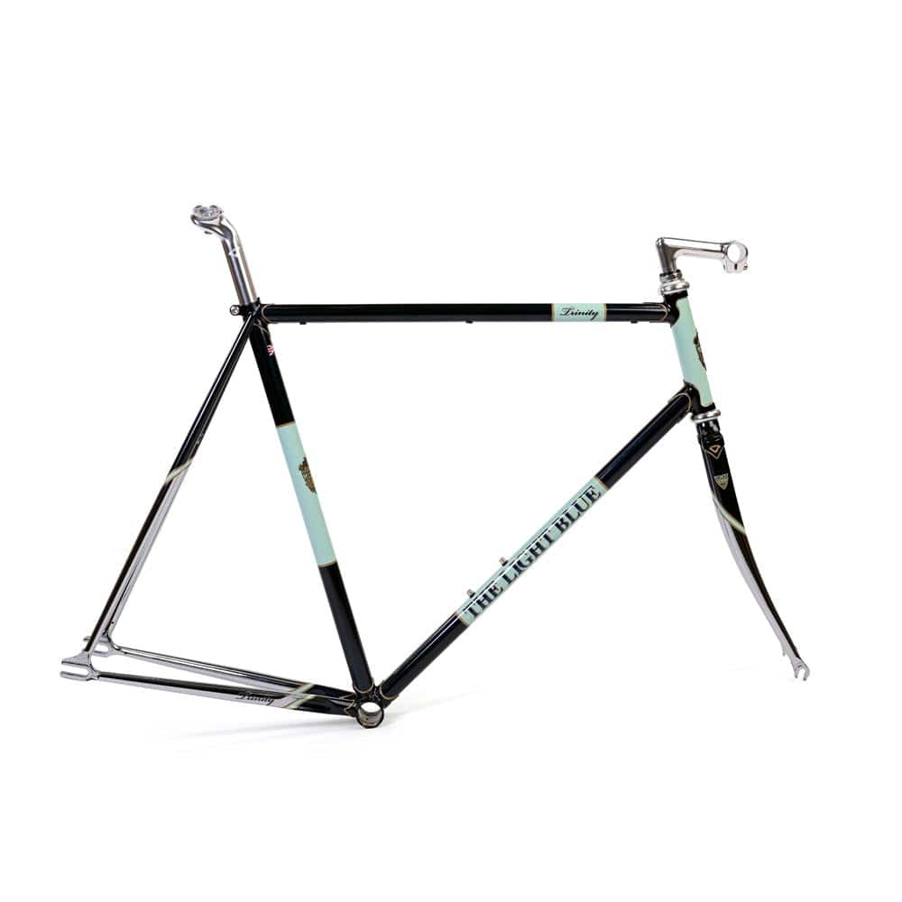 Light Blue Sport Trinity track frameset in light blue, featuring Reynolds 531 steel tubing and a classic design for cycling components.
