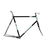 Light Blue Sport Trinity track frameset in light blue, featuring Reynolds 531 steel tubing and a classic design for cycling components.