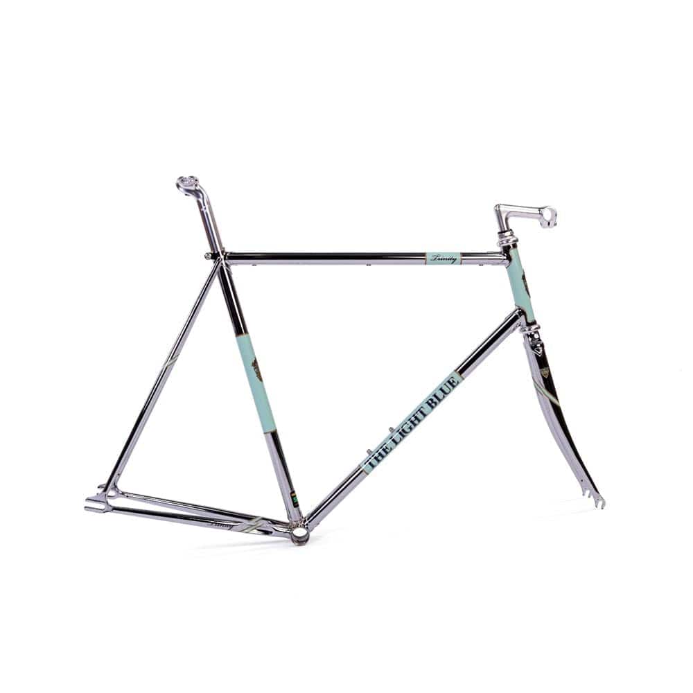 Light Blue Sport Trinity track frameset in light blue with Reynolds 531 steel tubing, classic design, component for racing bikes.