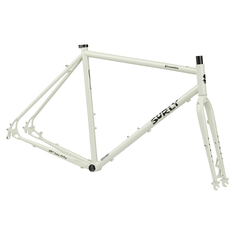 Surly Preamble frameset made of durable chromoly steel for gravel and pavement cycling, shown in natural metallic finish.