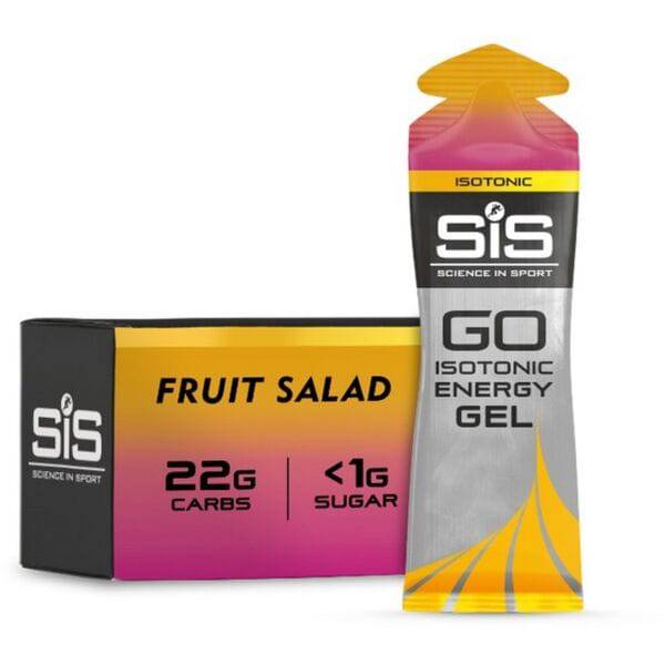 Science In Sport GO Isotonic Energy Gel packet, fast carb fuel for endurance athletes, with a close-up view of the product.