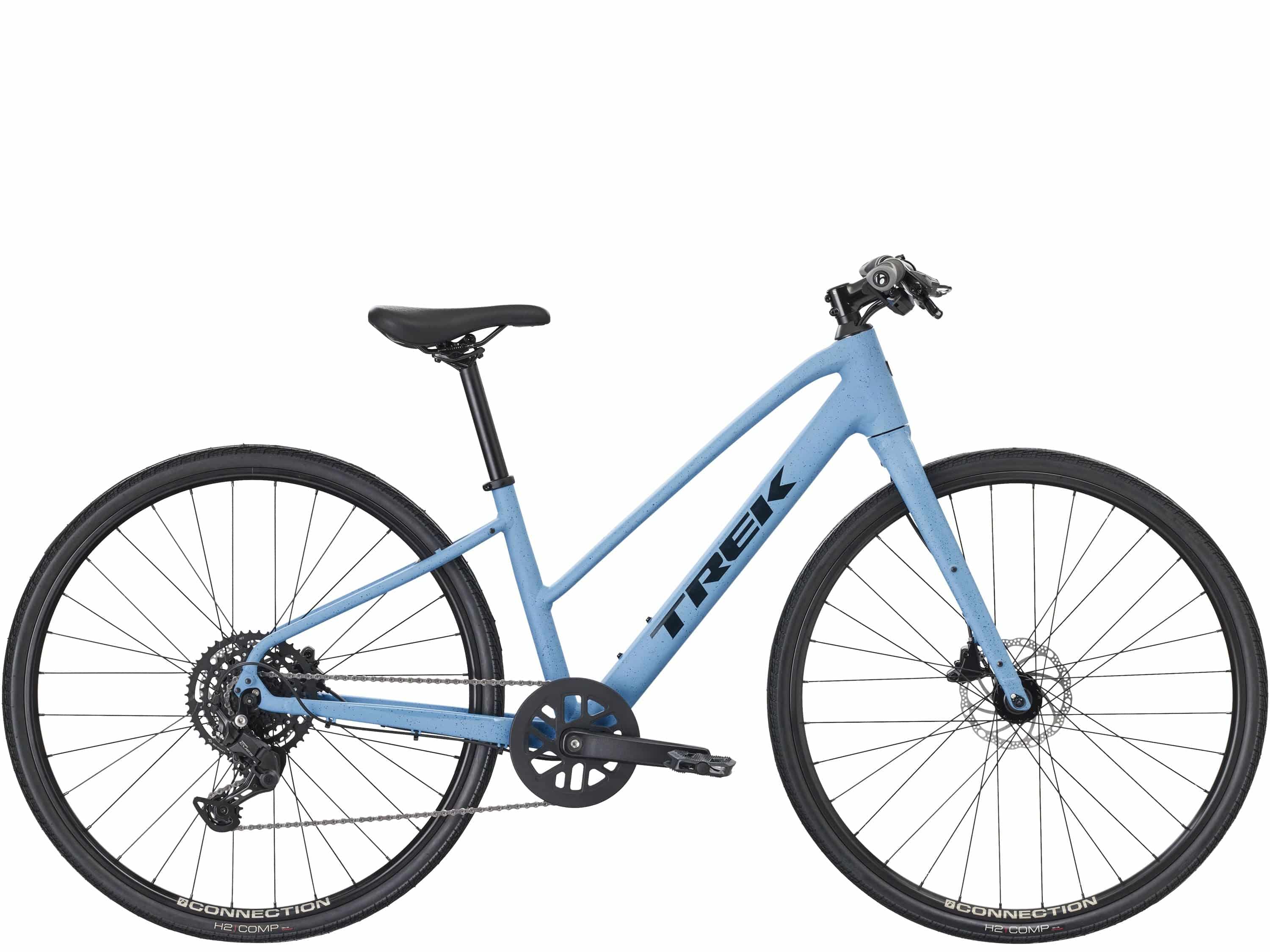 Trek FX 2 Midstep Gen 4 hybrid bike with Shimano CUES drivetrain, featuring a step-through frame for commuting and versatile riding.