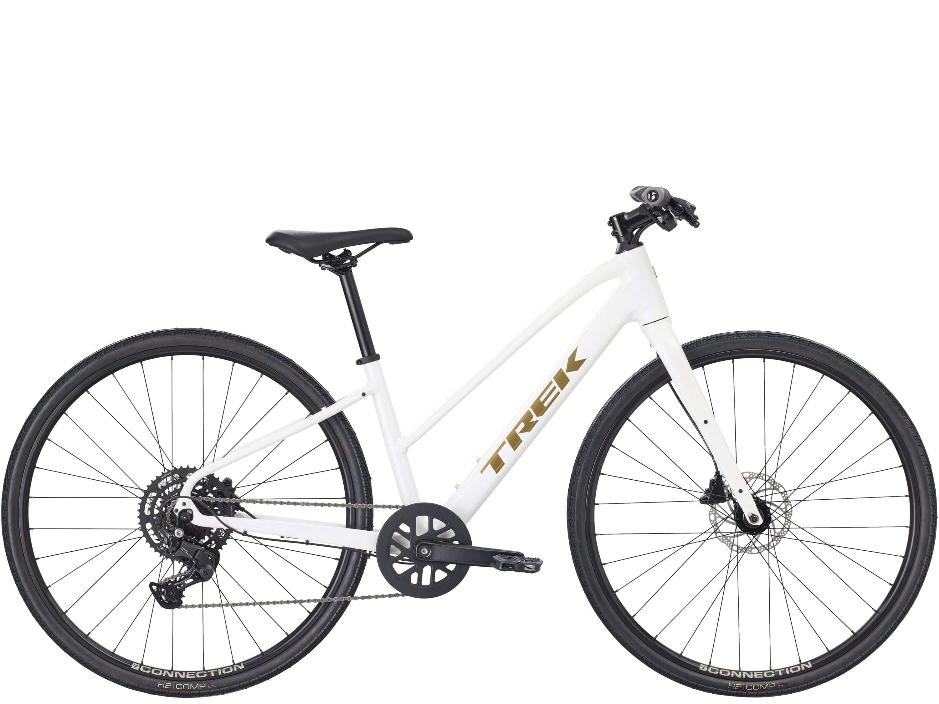 Trek FX 2 Midstep Gen 4 hybrid bike with Shimano CUES drivetrain, black frame, suitable for commuting and versatile riding.