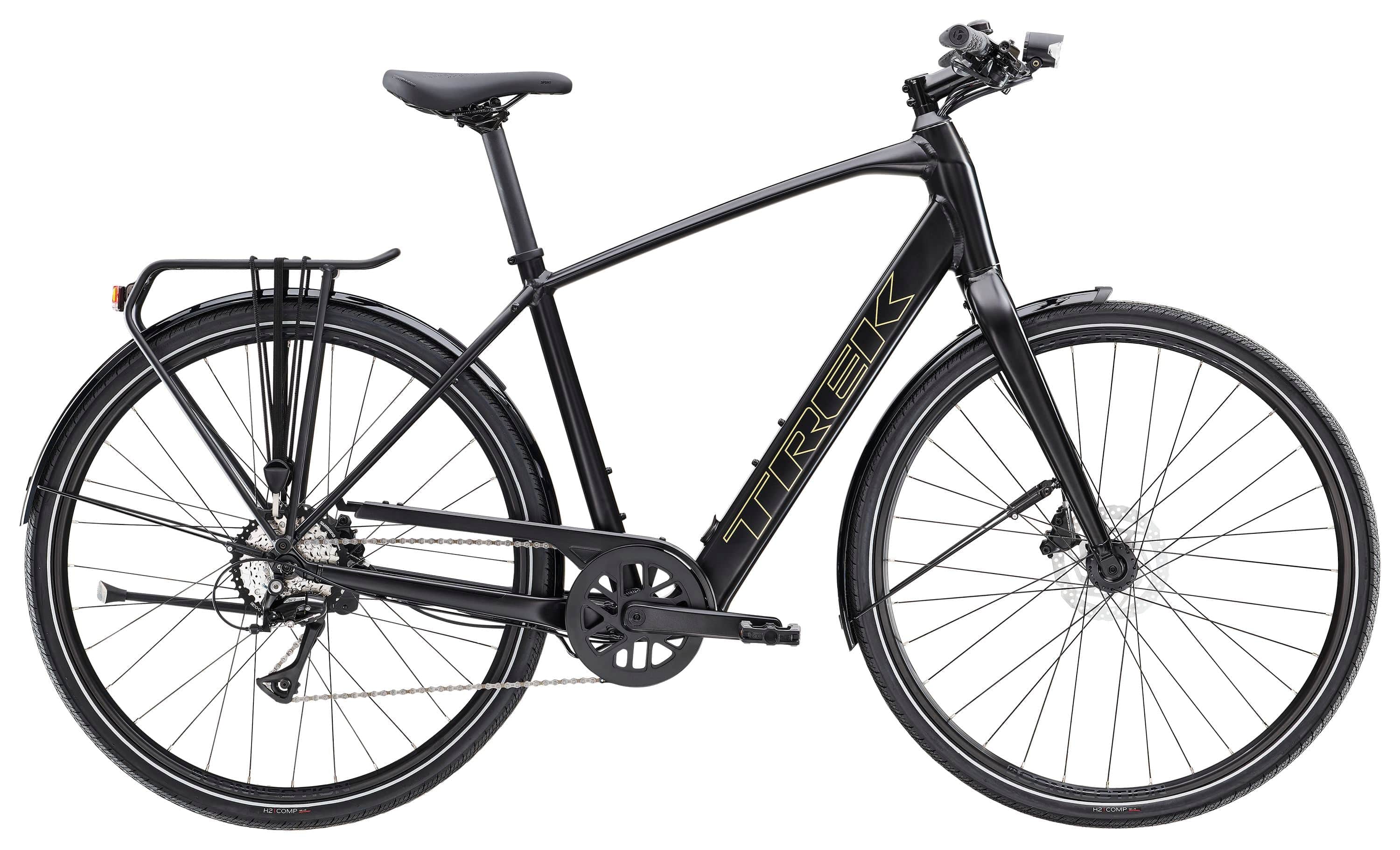 Trek FX+ 2 LT e-hybrid commuter bike with pedal assist, rear rack, disc brakes, and a sleek frame for city riding.
