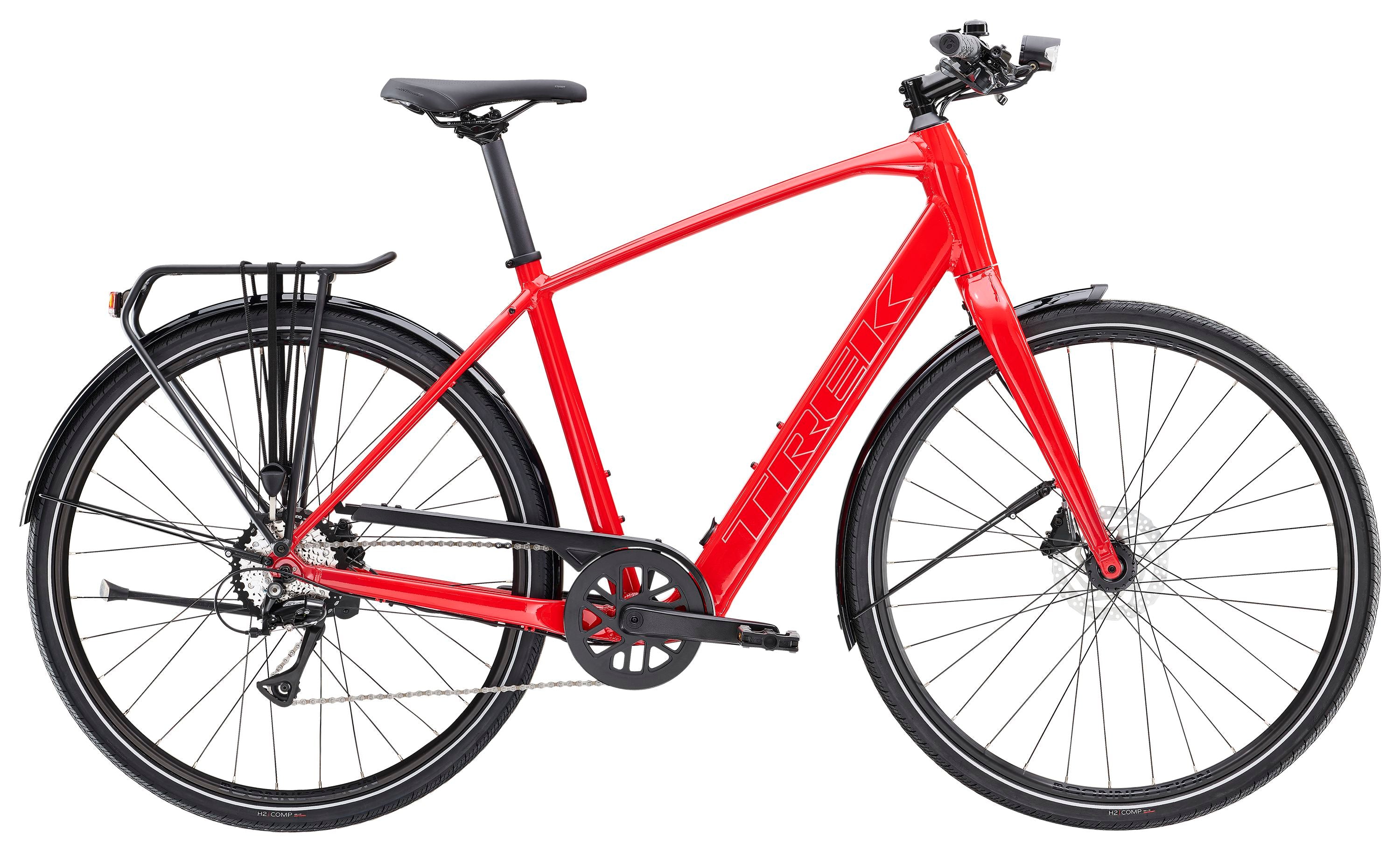 Trek FX+ 2 LT e-hybrid commuter bike with pedal assist, front rack, disc brakes, and a sleek black frame for urban riding.