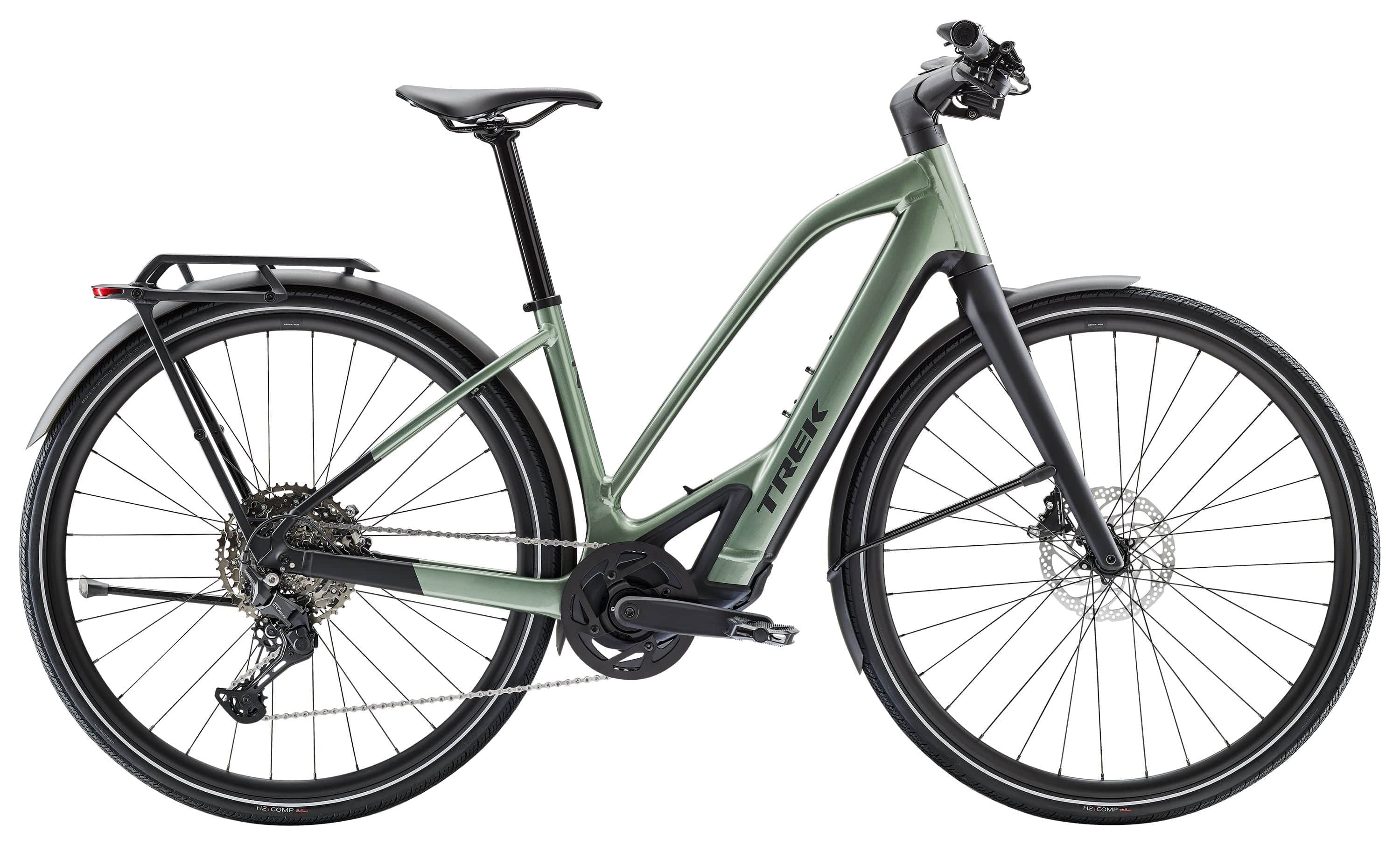 Trek FX+ 7 2025 e-hybrid bike with Shimano CUES U6000 electric assist system, featuring a midstep frame and sleek design.