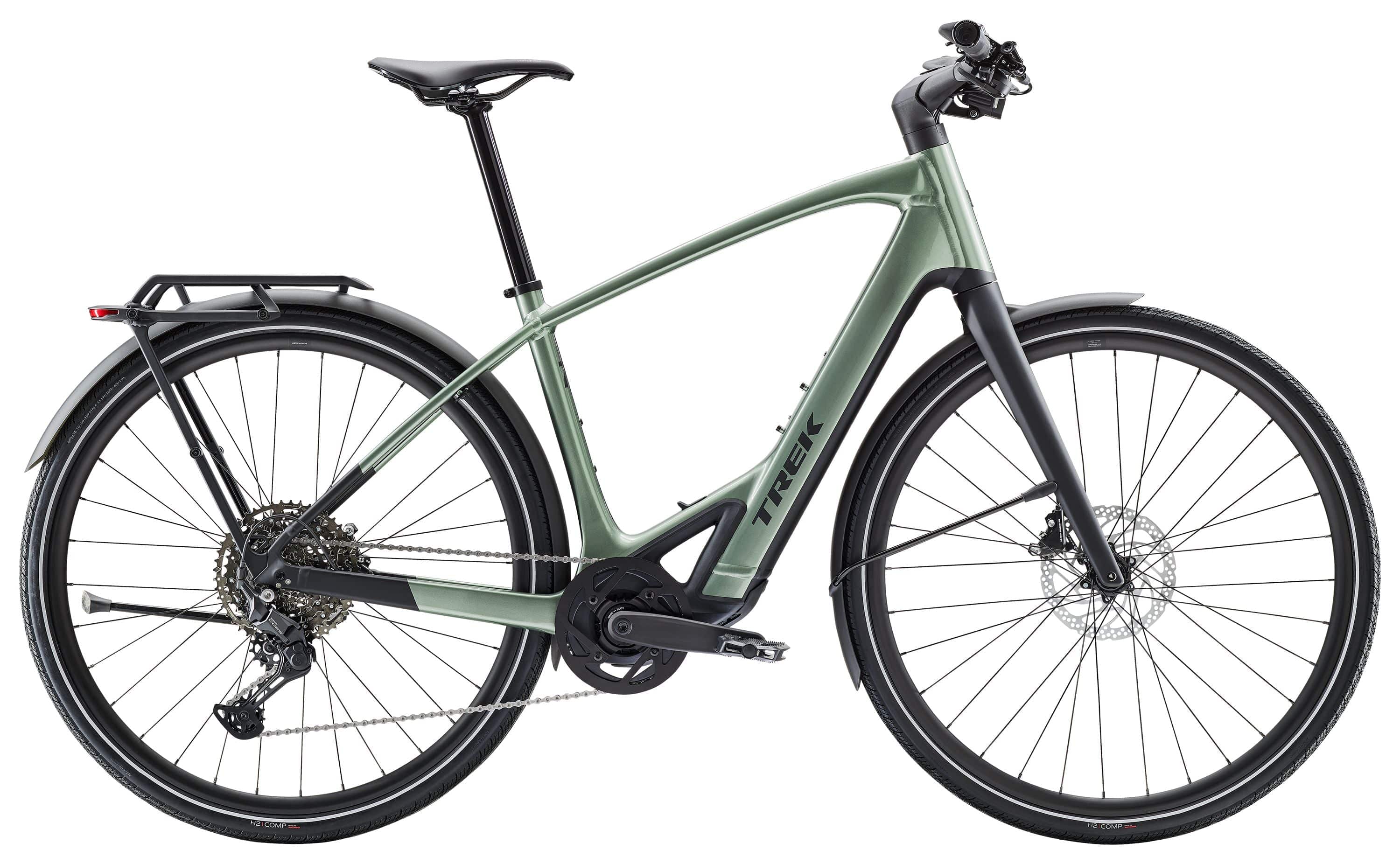 Trek FX+ 7 2025 e-hybrid bike with Shimano CUES U6000 system, disc brakes, step-over frame, and sleek design.