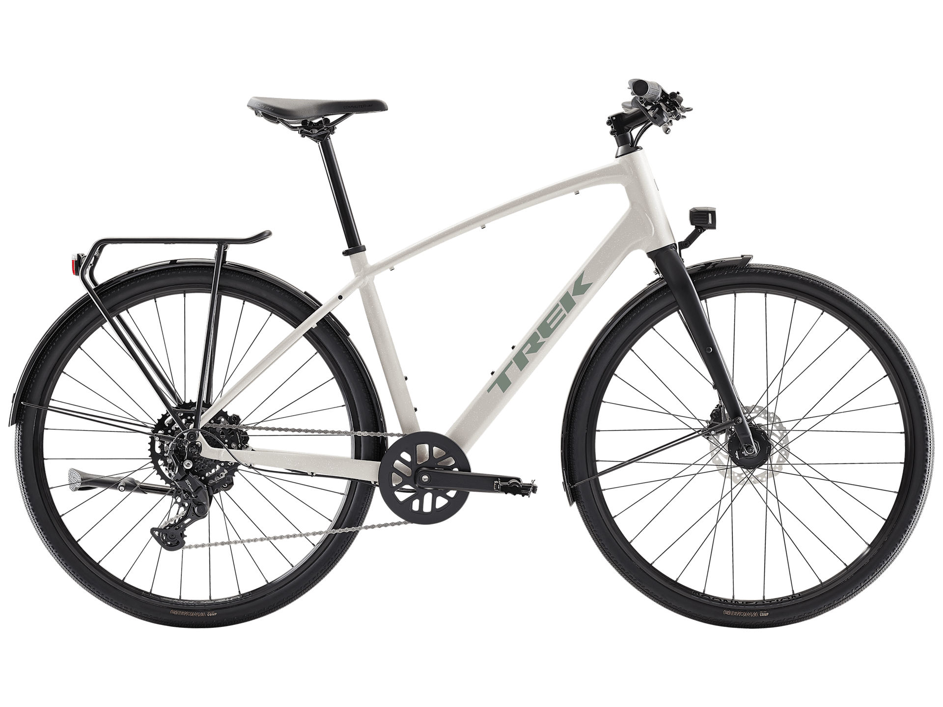 Trek FX Sport AL hybrid bike with step-over frame for urban commuting and light trail riding, featuring lightweight frame and gear components.