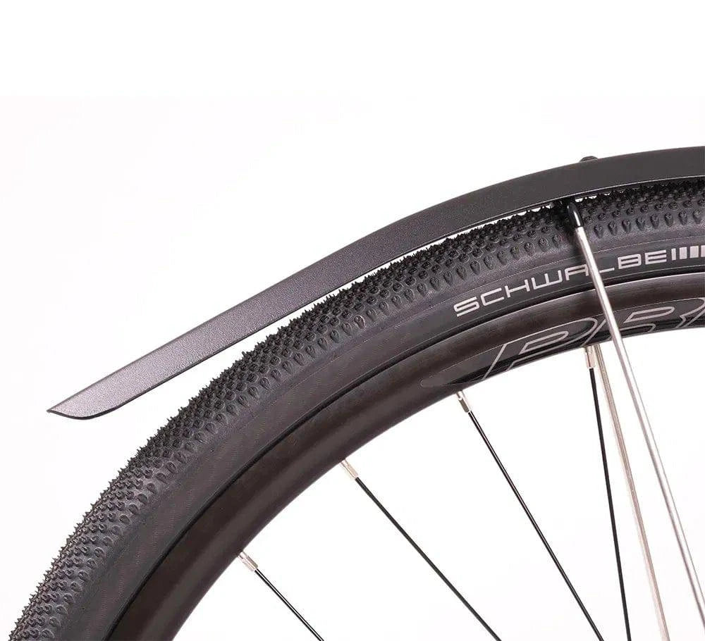 Black Kinesis Fend Off Shorty rear mudguard mounted on gravel bike, made of durable plastic for bike accessory protection.