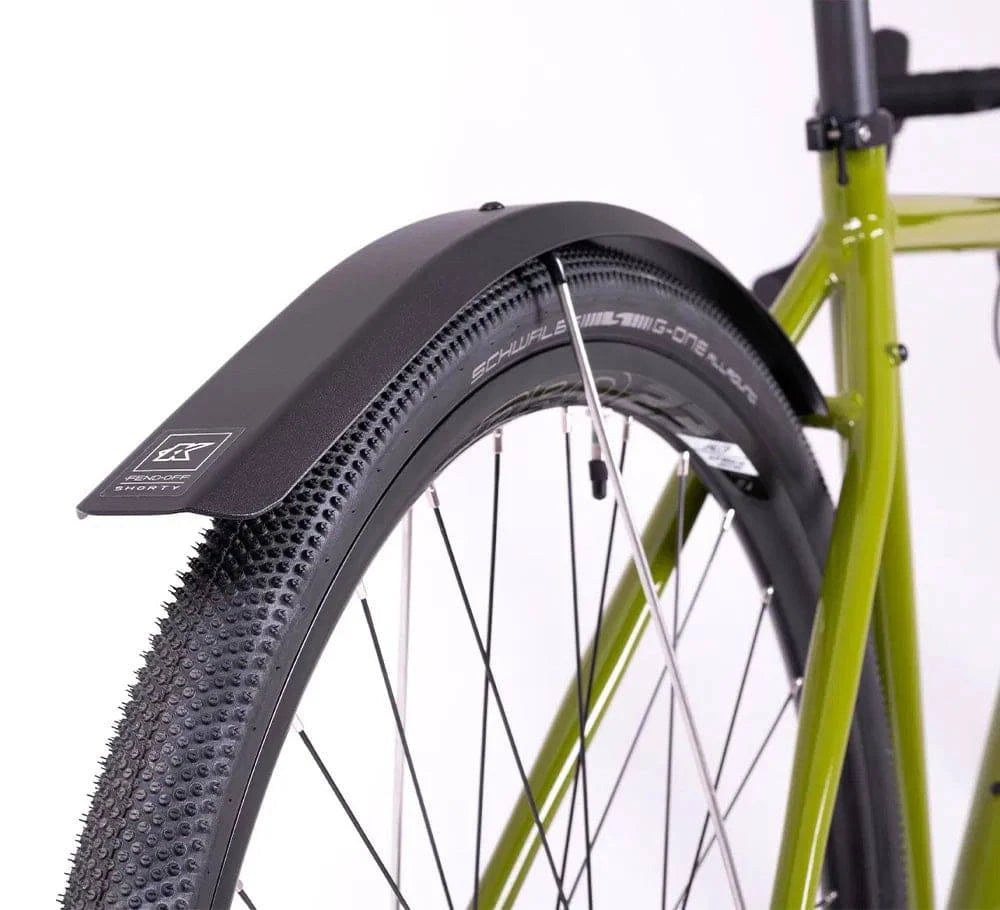 Kinesis UK Fend Off Shorty rear mudguard on gravel bike, black durable accessory designed to protect against mud and water splashes.