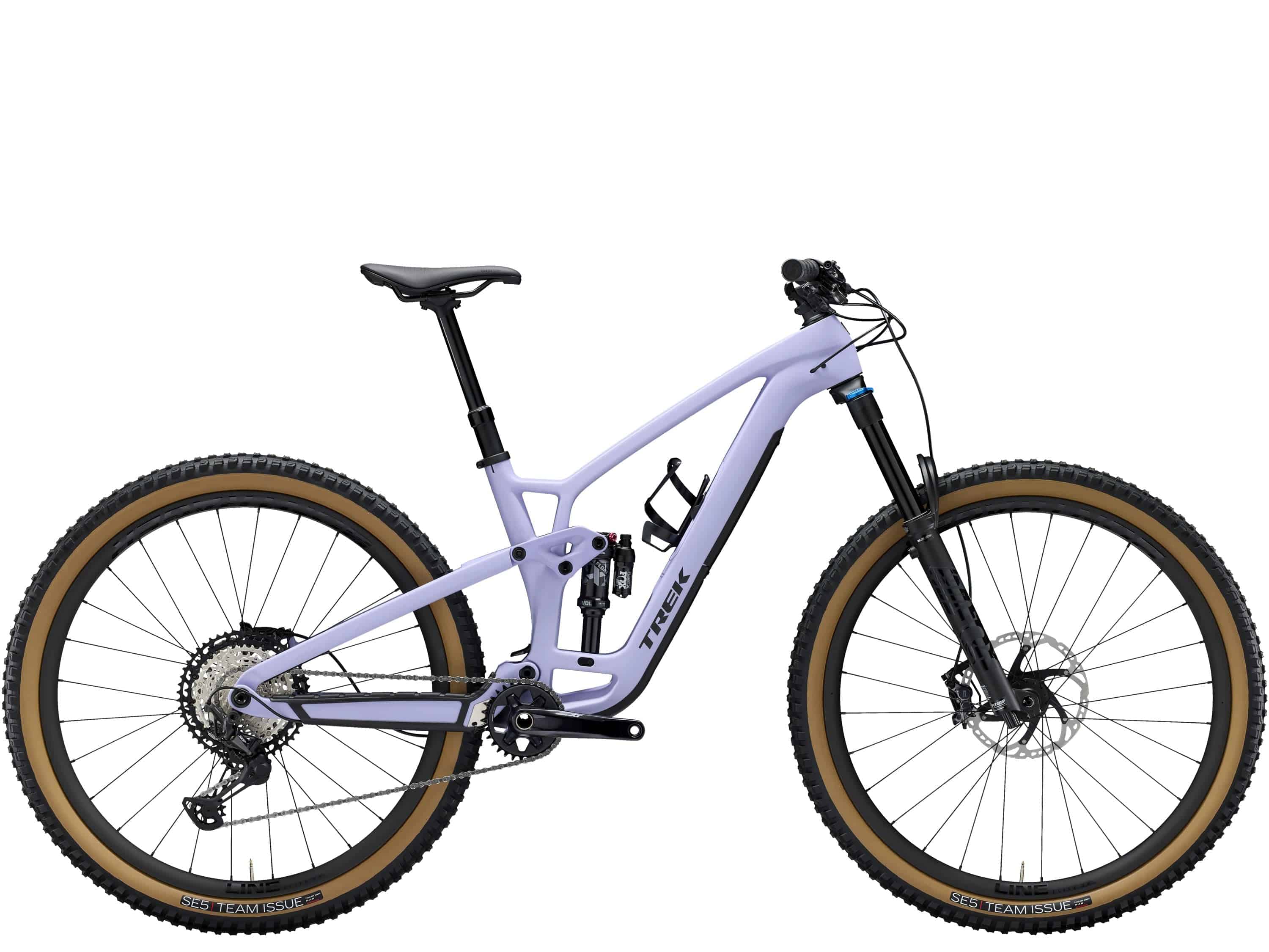 Trek Fuel EX 9.8 XT Gen 6 mountain bike with advanced suspension and internal frame storage, shown in a side view.
