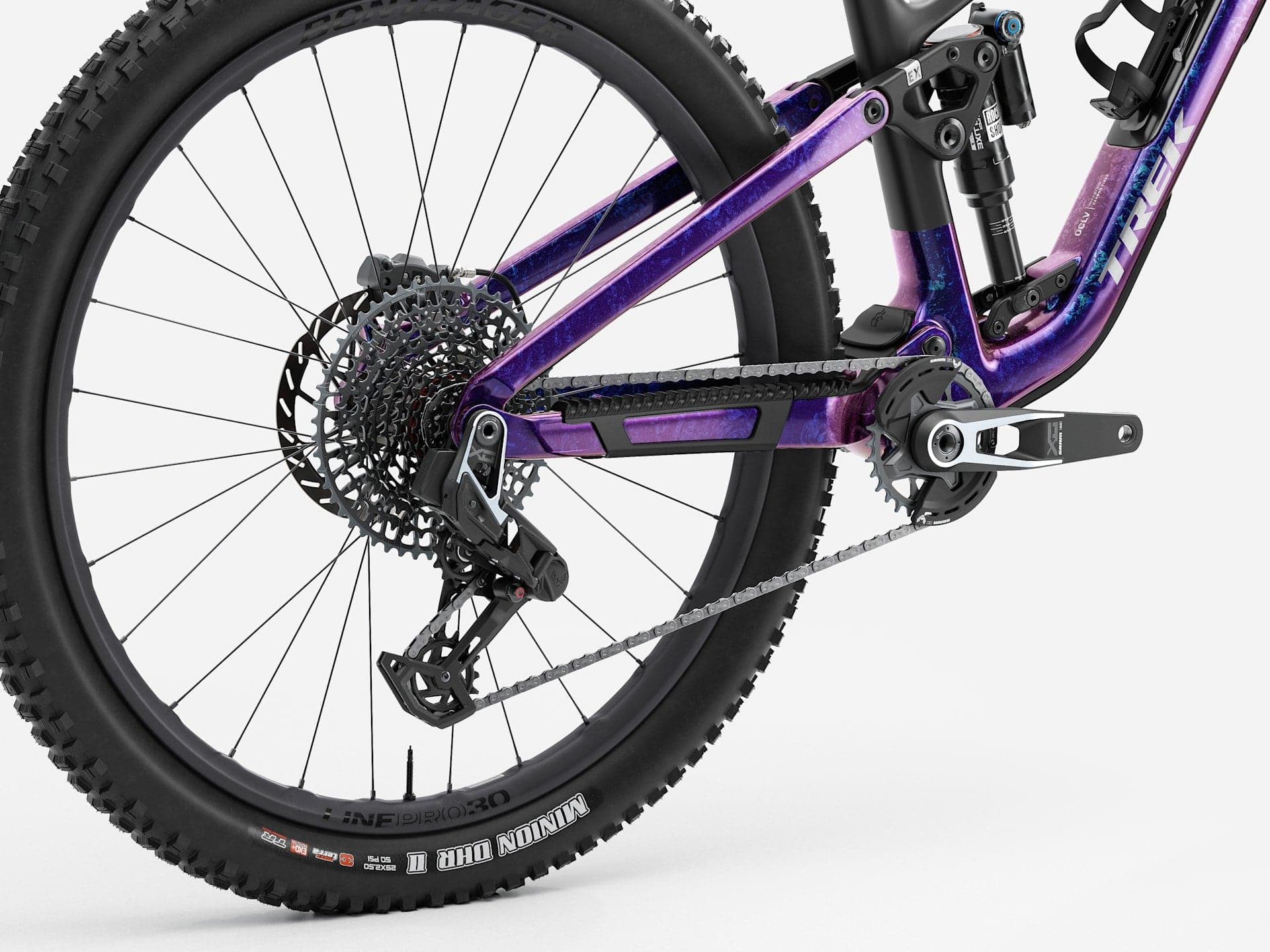 Trek Fuel EX 9.9 X0 AXS Gen 7 mountain bike with full suspension, hydraulic disc brakes, and sleek black frame for advanced trail riding.