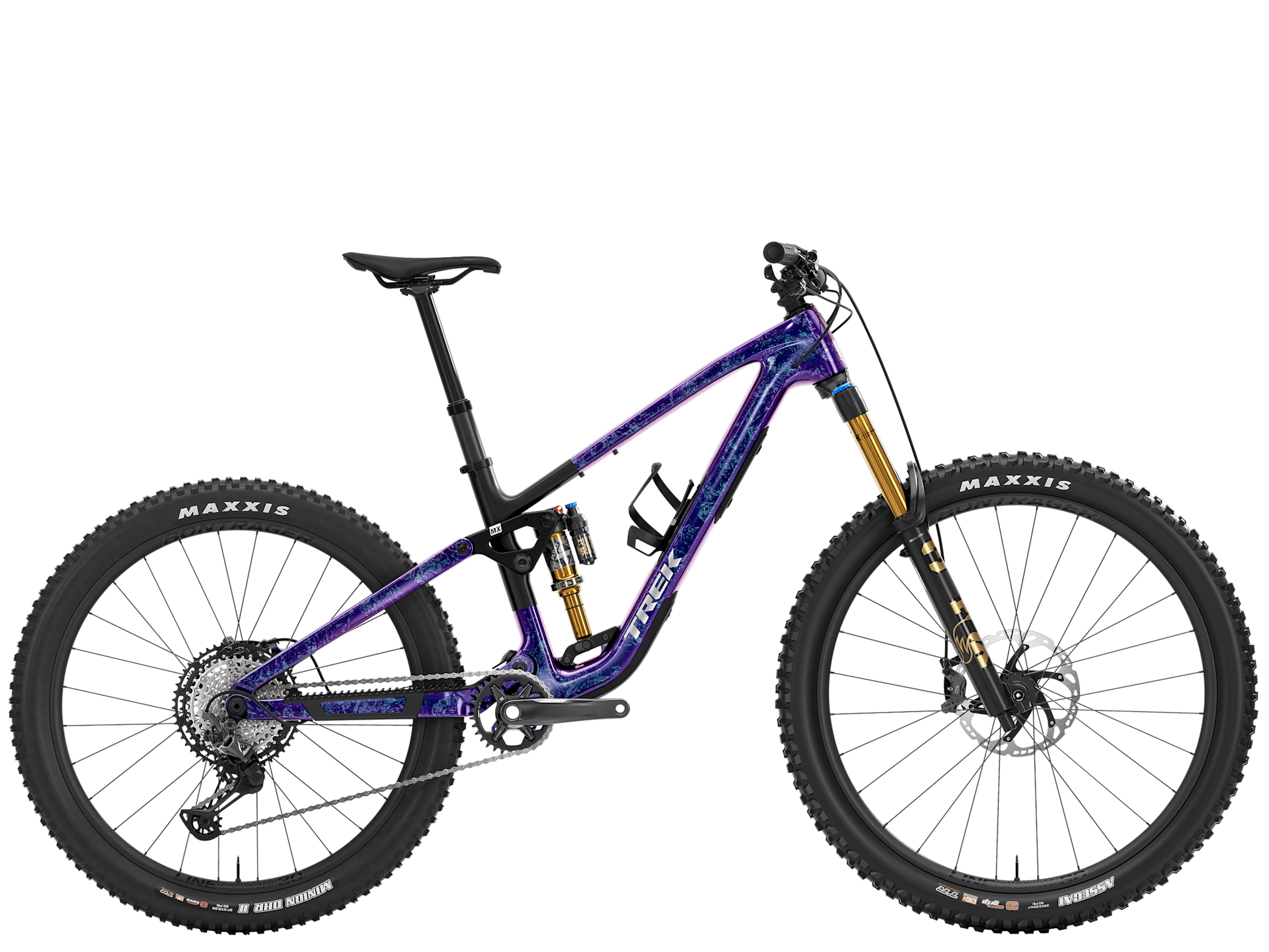 Trek Fuel MX 9.8 XT Gen 7 mountain bike with adjustable suspension, black and red frame, ready for versatile trail riding.