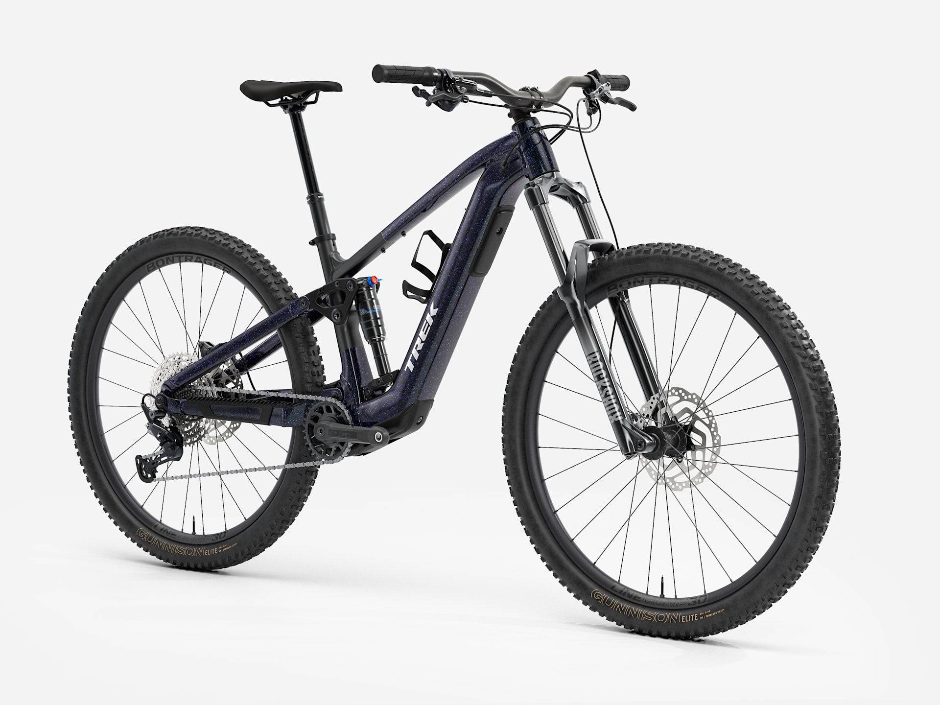 Trek Fuel+ EX 5 Gen 2 2026 e-mountain bike with black frame and suspension fork, designed for trail riding and endurance.