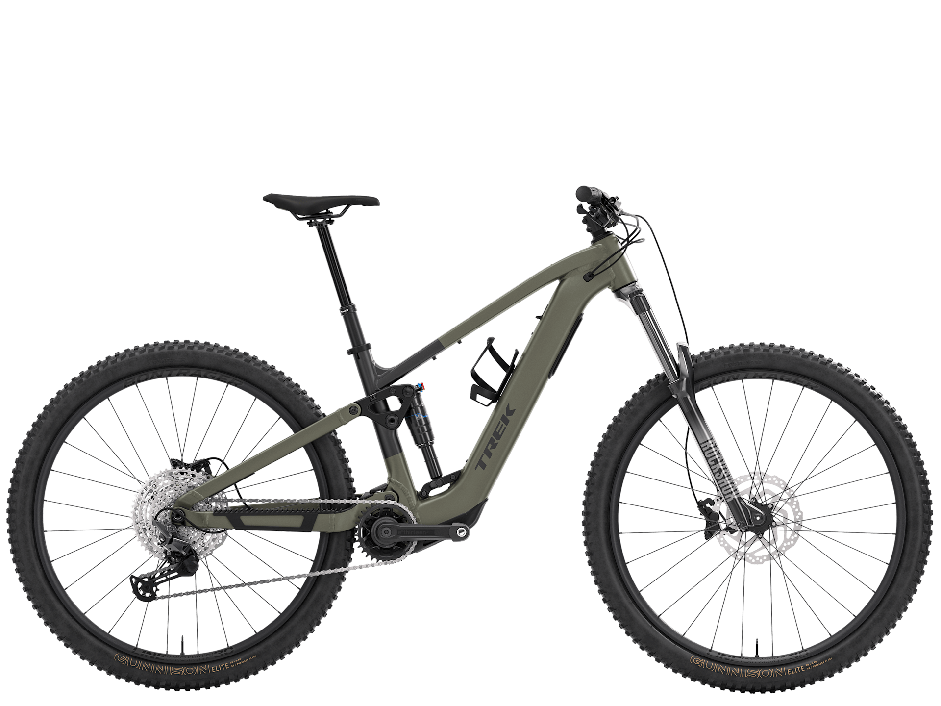 Trek Fuel+ EX 5 Gen 2 2026 electric mountain bike with rugged frame, front suspension, and knobby tires for trail riding.