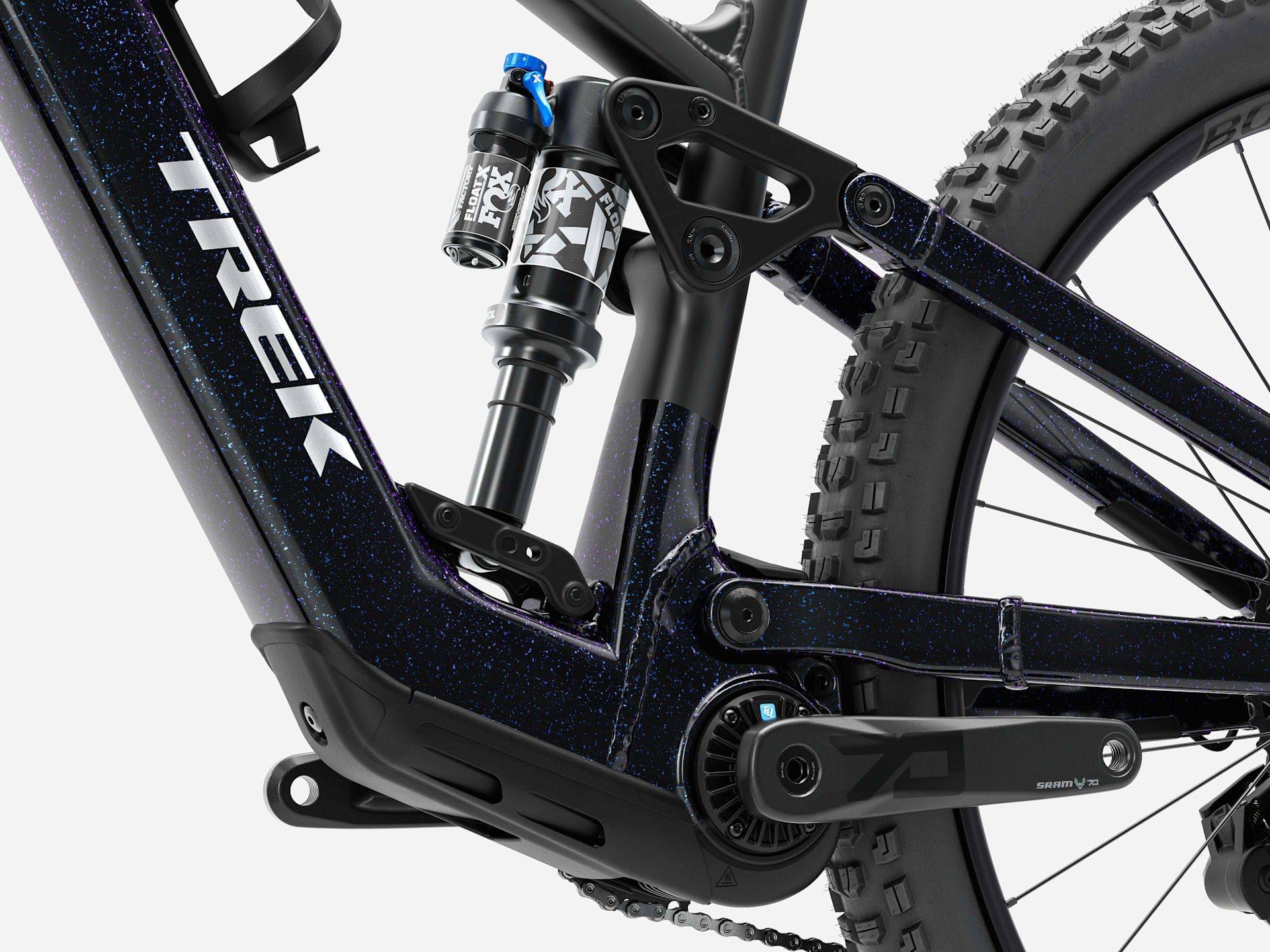Trek Fuel+ EX 8 Gen 2 e-mountain bike with sturdy frame, suspension, and off-road tires for versatile trail riding.