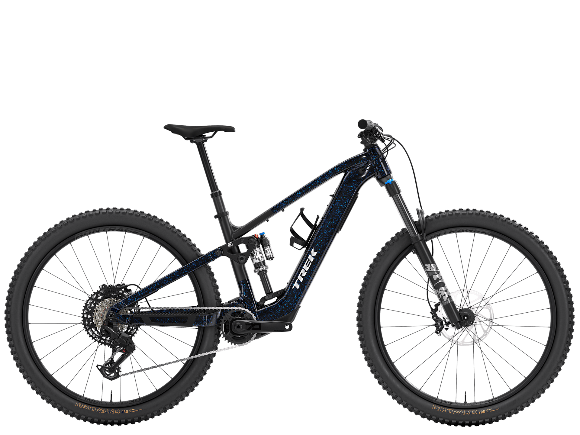 Trek Fuel+ EX 8 Gen 2 e-mountain bike with rugged frame, front suspension, and mountain bike tires for trail riding.