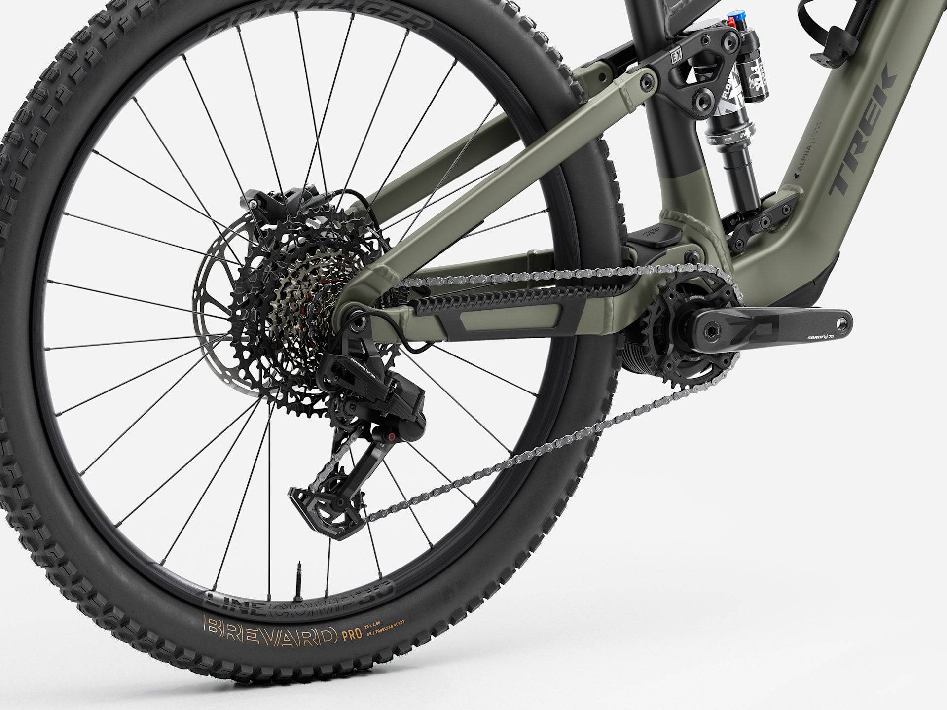 Trek Fuel+ EX 8 Gen 2 e-mountain bike with black frame and suspension fork, ready for versatile trail riding.