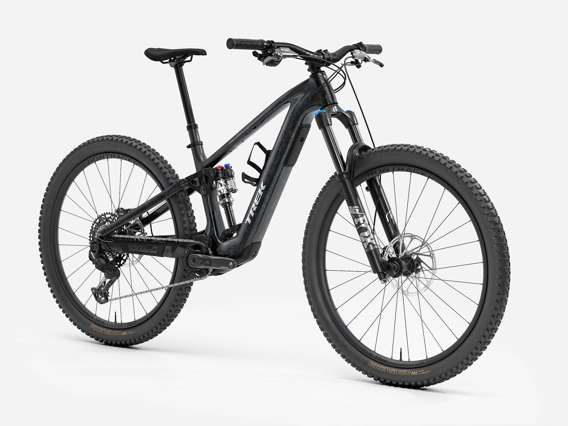 Trek Fuel+ EX 9.7 Gen 2 electric mountain bike with black frame, knobby tires, and customizable motor assist system.