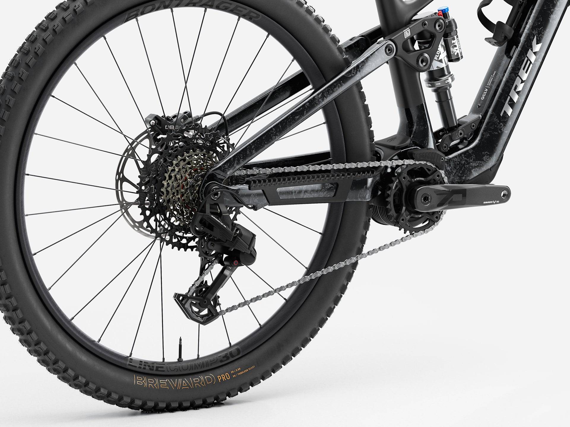 Trek Fuel+ EX 9.7 Gen 2 electric mountain bike with black frame, sturdy tires, and customizable motor assist system.