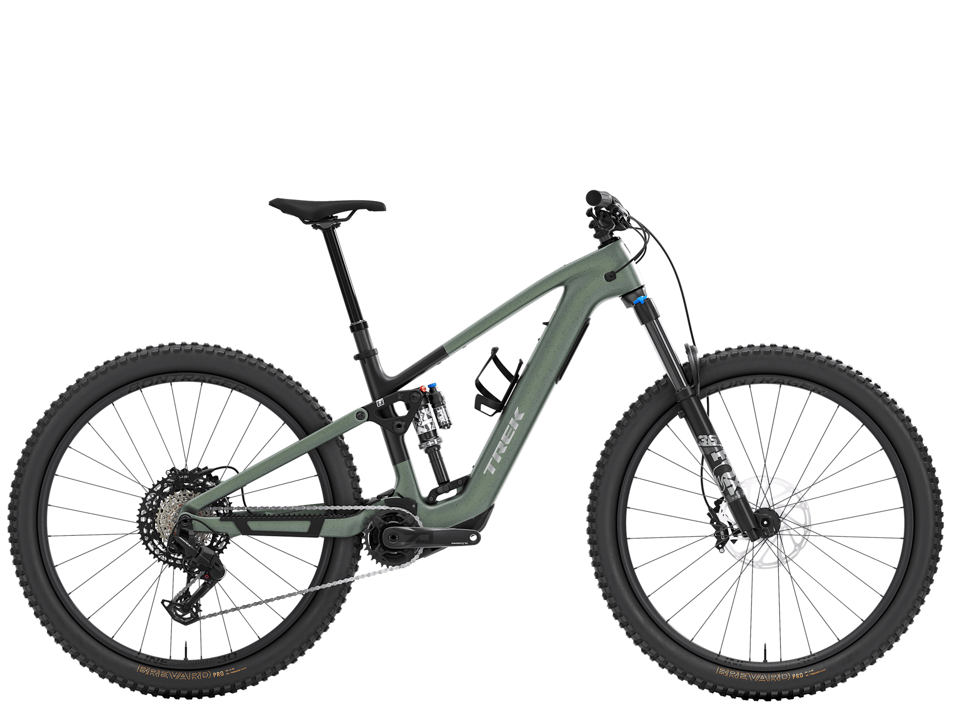 Trek Fuel+ EX 9.7 Gen 2 electric mountain bike with black frame and adjustable motor assist, ready for off-road riding.
