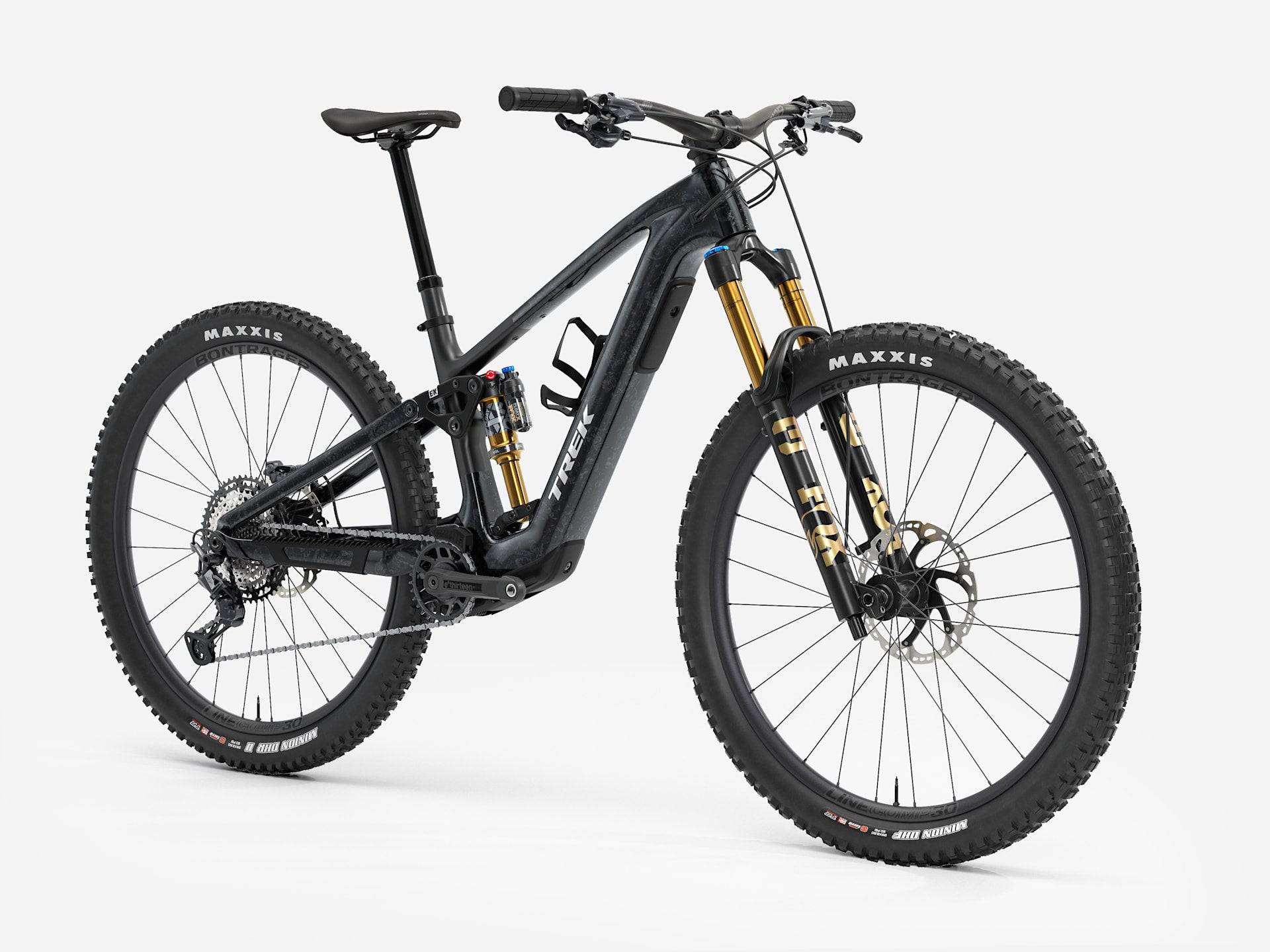 Trek Fuel+ EX 9.8 XT Gen 2 electric mountain bike with adjustable suspension and rugged frame for off-road riding.