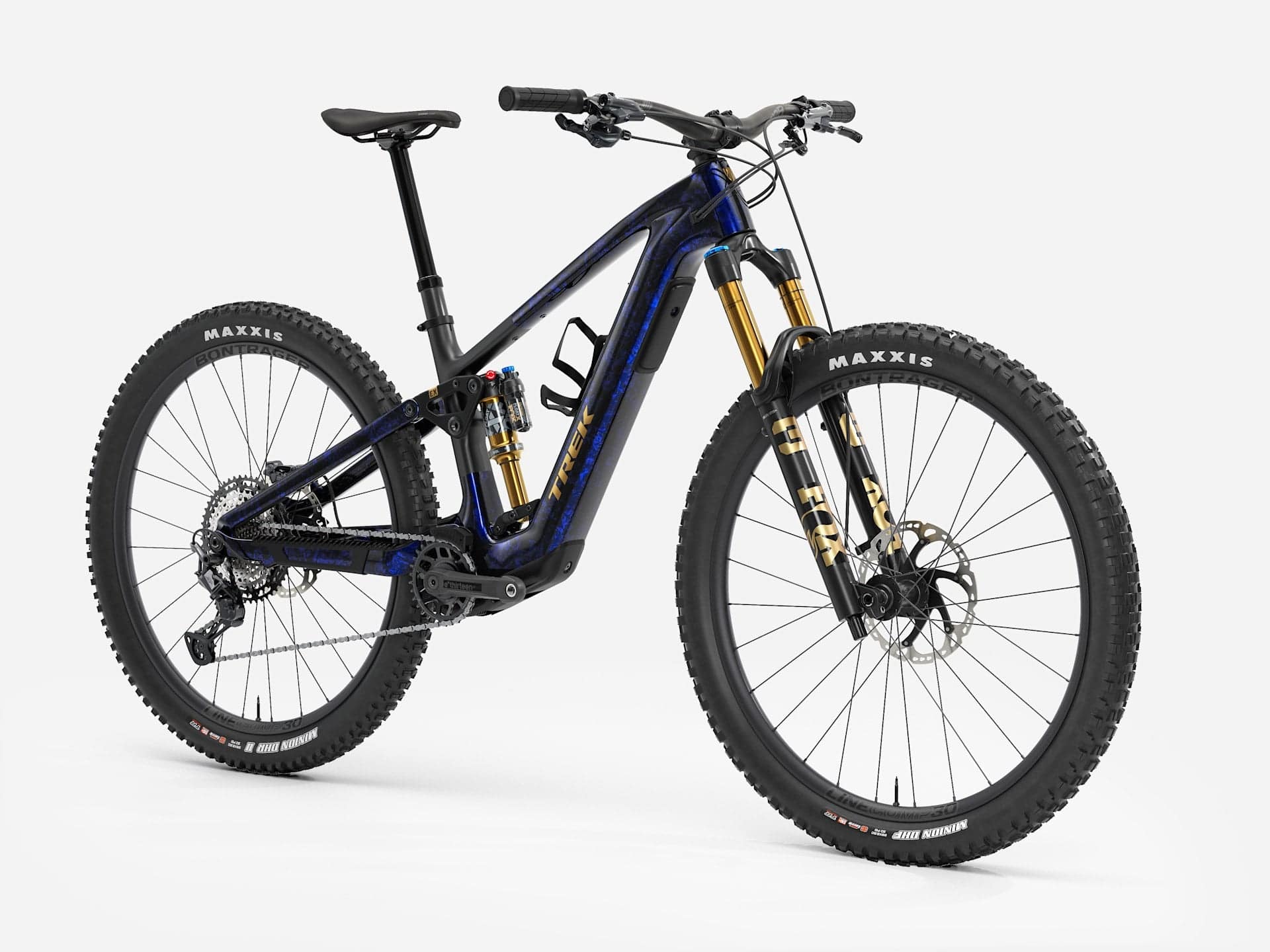 Trek Fuel+ EX 9.8 XT Gen 2 electric mountain bike with black frame, knobby tires, and suspension forks for off-road riding.