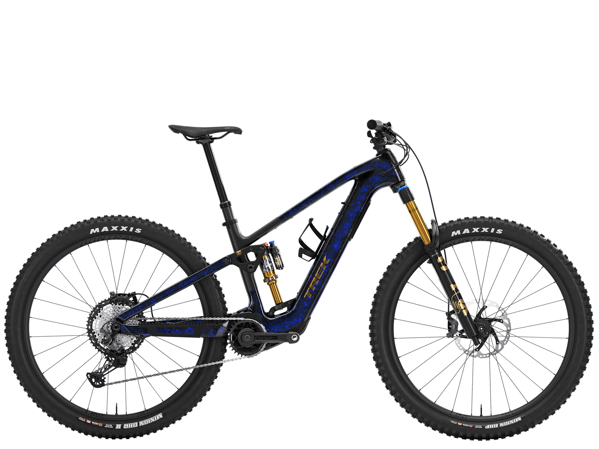 Trek Fuel+ EX 9.8 XT Gen 2 electric mountain bike with black frame and suspension, ready for trail riding.