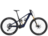 Trek Fuel+ EX 9.8 XT Gen 2 electric mountain bike with black frame and suspension, ready for trail riding.