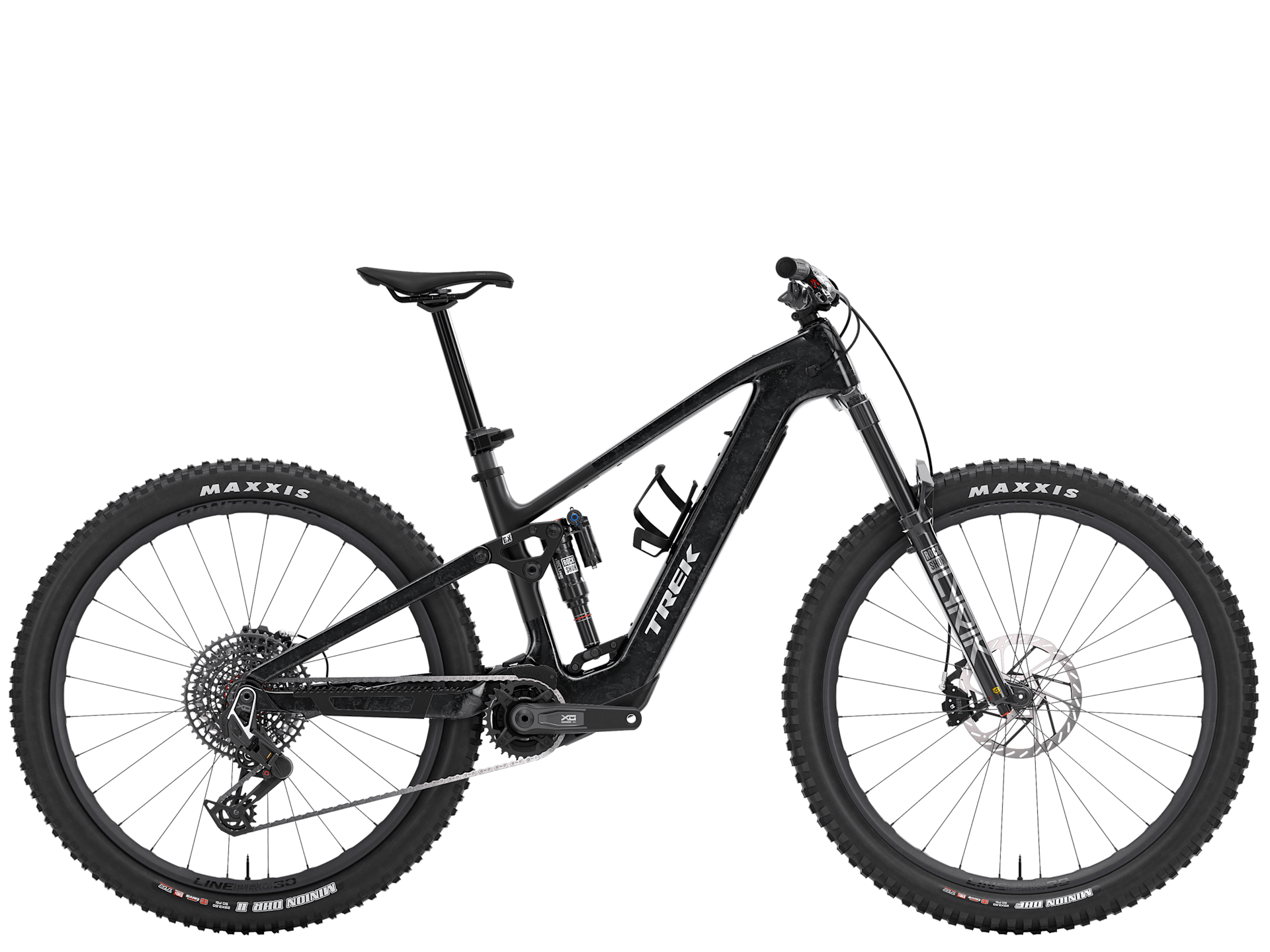 Trek Fuel+ EX 9.9 X0 AXS mountain bike with TQ HPR50 motor and SRAM X0 AXS gears, shown in a trail riding setup.
